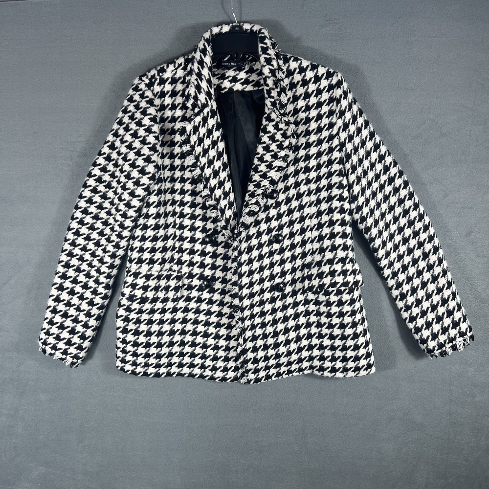 Doe & Rae Women's Houndstooth Double-Breasted Blazer Jacket Coat Black White M